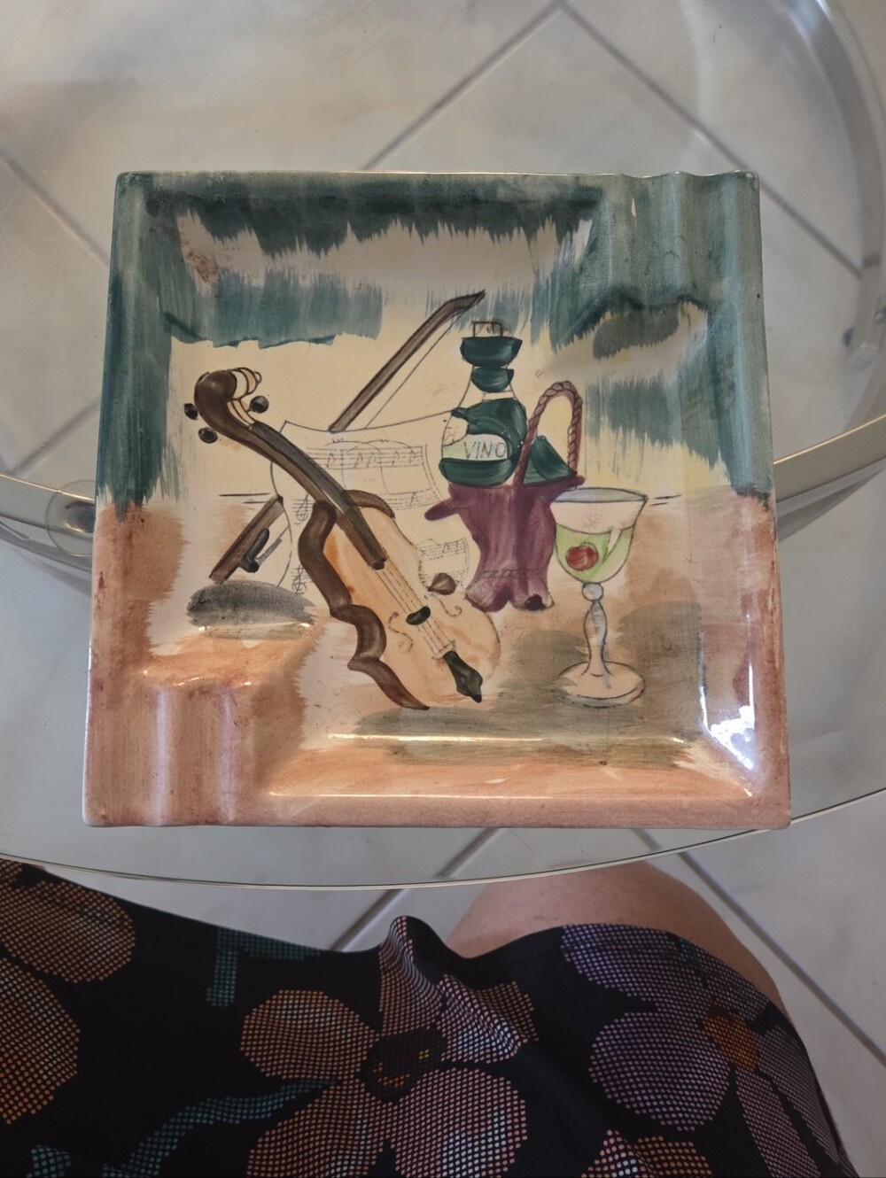 Hand-Painted Ceramic Decorative Plate in Teal, Peach and Brown